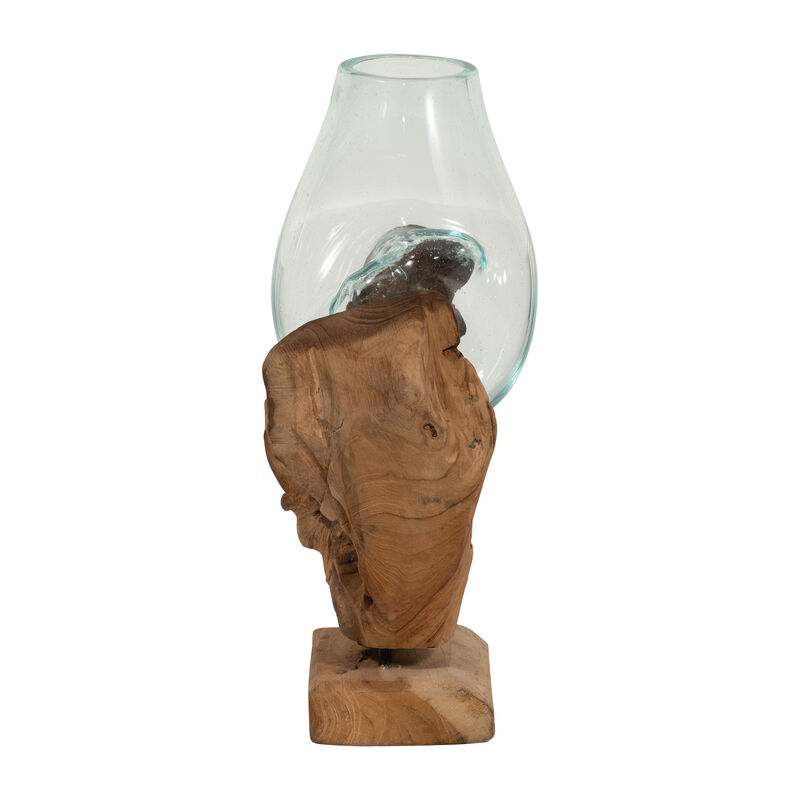 Glass 12"h Vase In Wood Stand, Brown image number 4