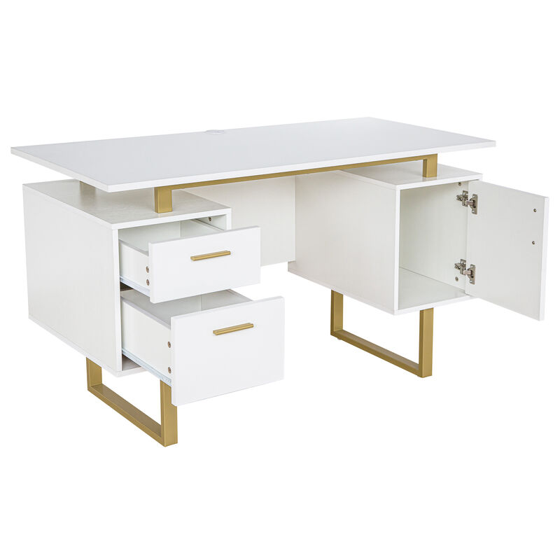 HomeRoots 51" Gray and Silver Wood and Steel Pedestal Executive Desk With Two Drawers image number 3