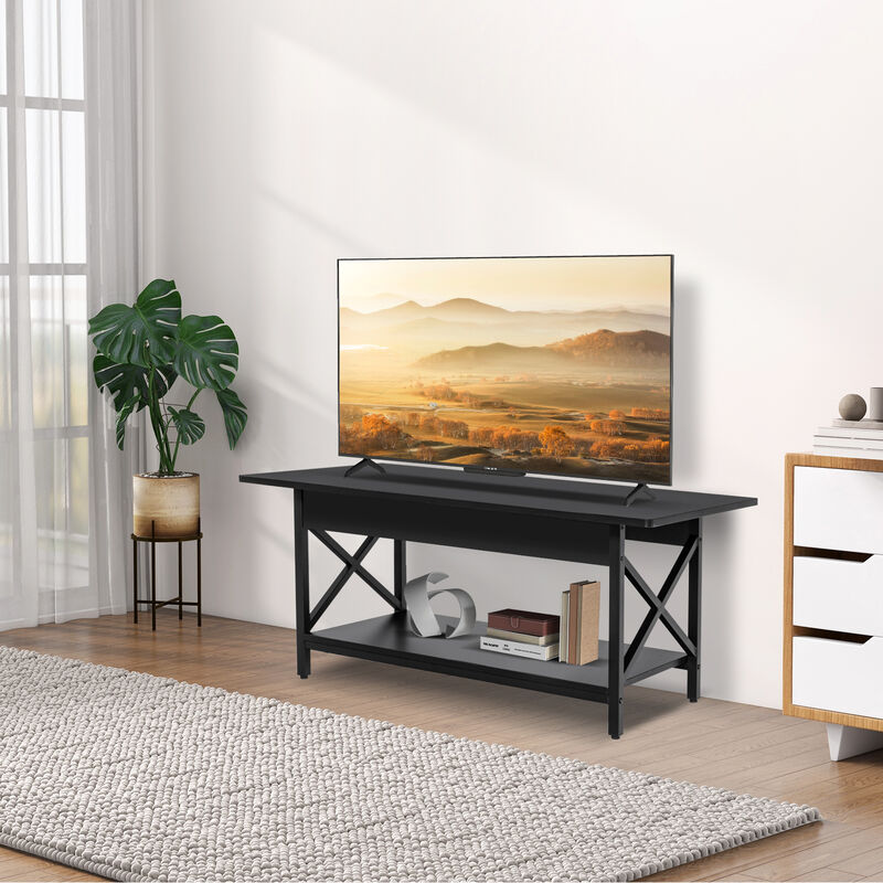 2-Tier Rectangular Coffee Table with Storage Shelf and X-Shaped Metal Frame