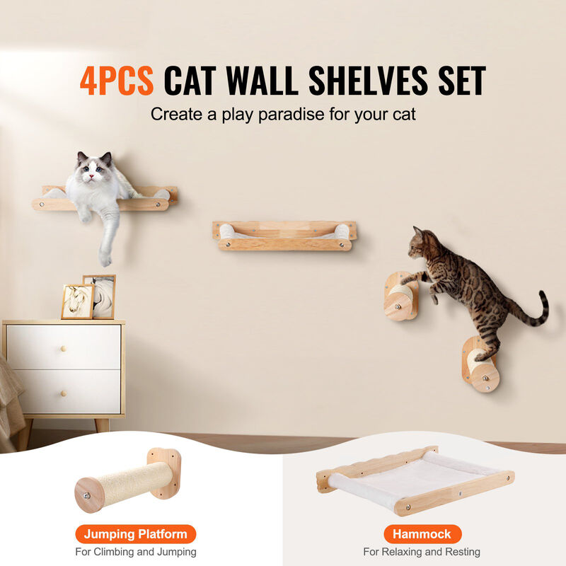Wall Mounted Cat Shelves with 2 Jumping Posts & 2 Hammocks up to 40 lbs