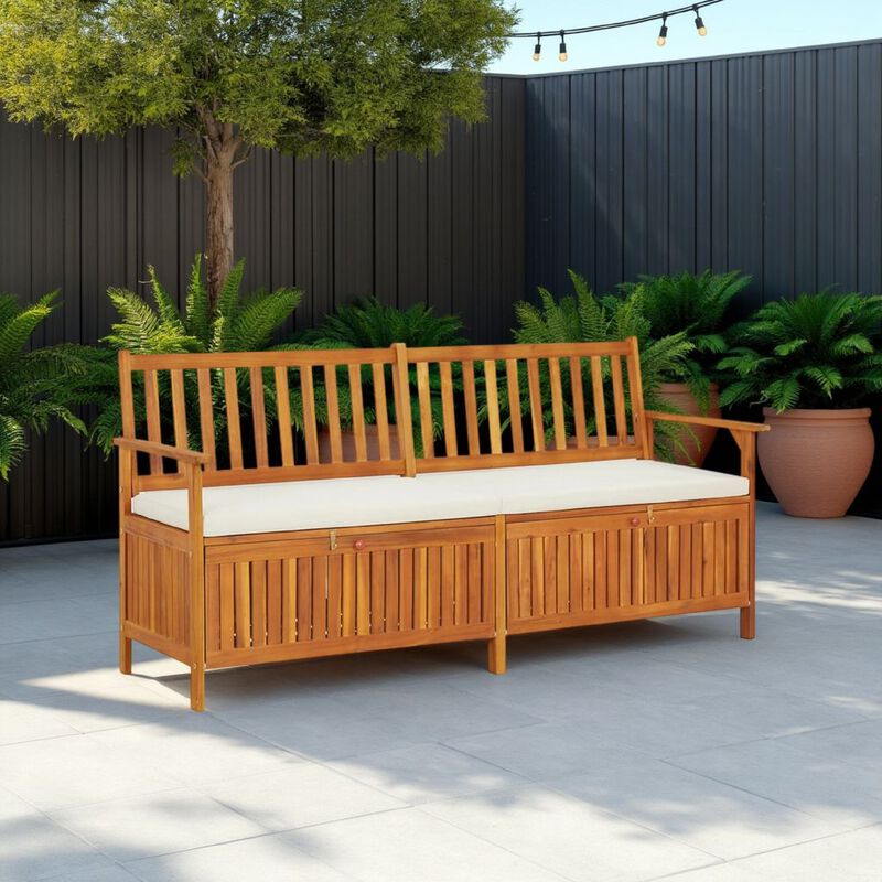 Outdoor Storage Bench, White Fabric Cushion, 66 Inch Brown Acacia Wood - Benzara