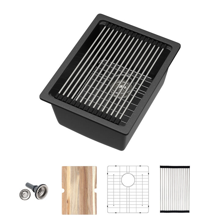 15 in. Undermount Single Bowl Workstation Black Quartz Composite Kitchen Sink Round Corner with Bottom Grid.