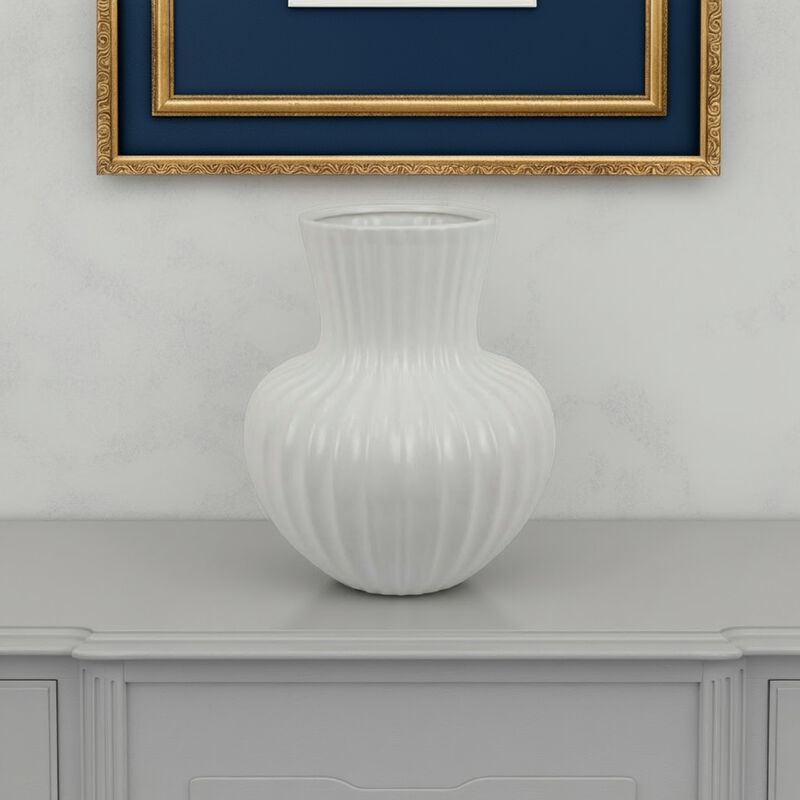Decorative Vase, 14 Inch White Ceramic Body, Vertical Ribbed Pattern