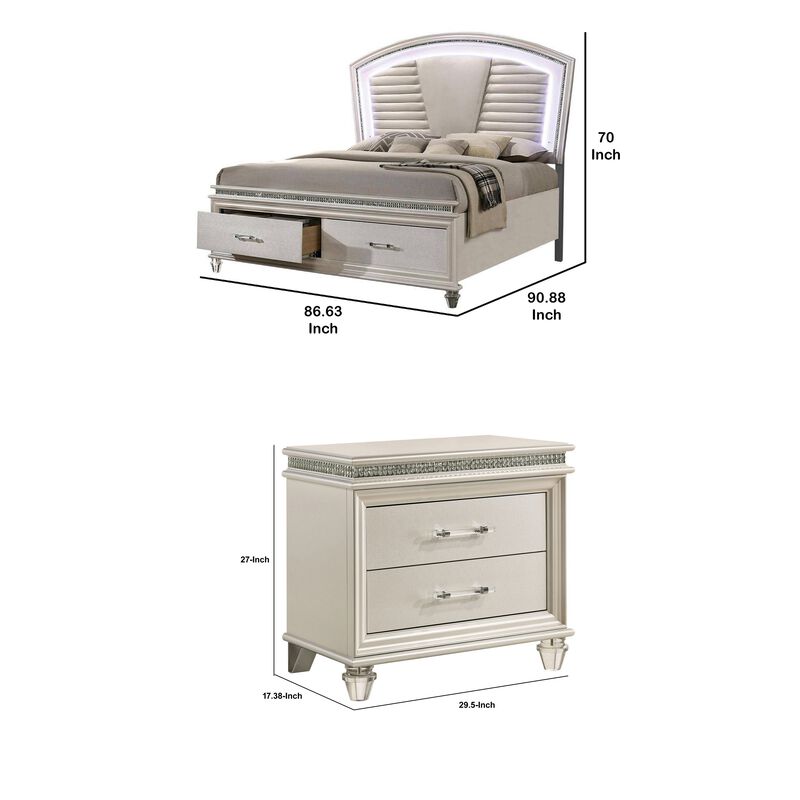 3pc King Bedroom Set, Pearl White, White, Clear, Silver Wood, 2 Nightstands image number 7