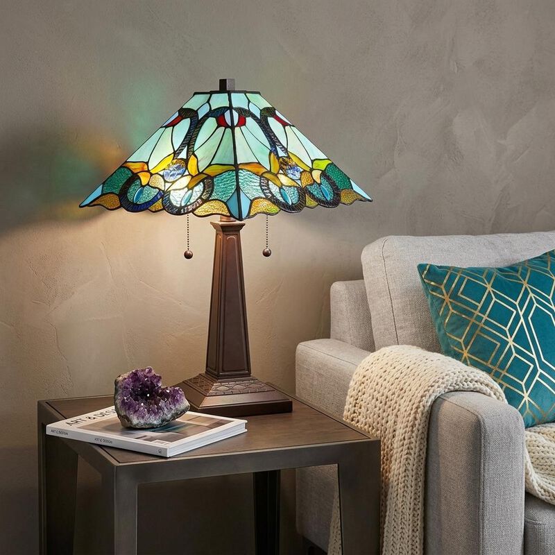 HomeRoots 23" Dark Brown Metal Two Light Table Lamp With Blue and Green Cone Shade image number 1