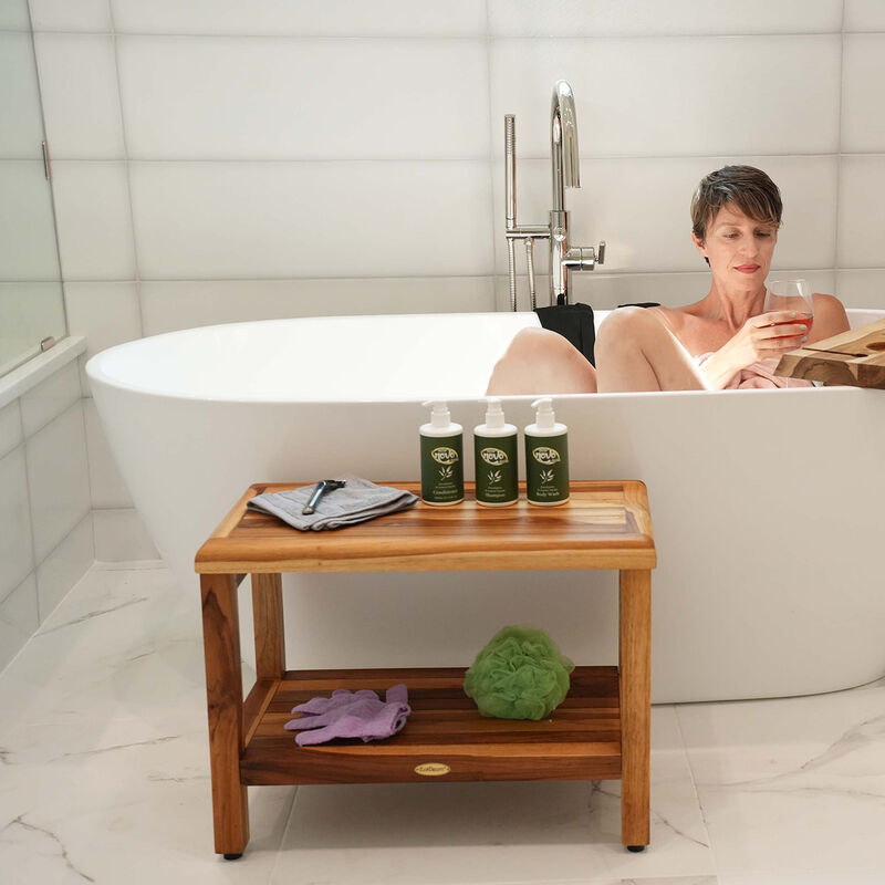 EcoDecors Eleganto EarthyTeak 24" Teak Wood Shower Bench with Shelf