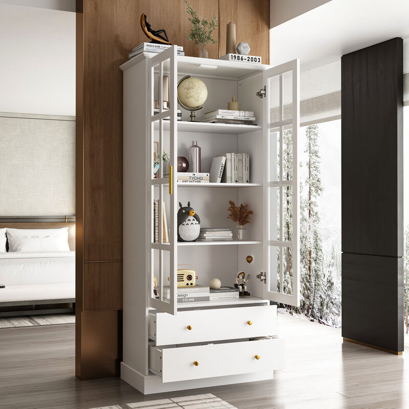 FUFU&GAGA Modern Bookcase with Glass Doors, 3 Fixed Shelves, and Spacious Drawers, Elegant Storage Cabinet for Living Room, Office, and Bedroom (70.1"H x 31.5"W x 15.4"D)