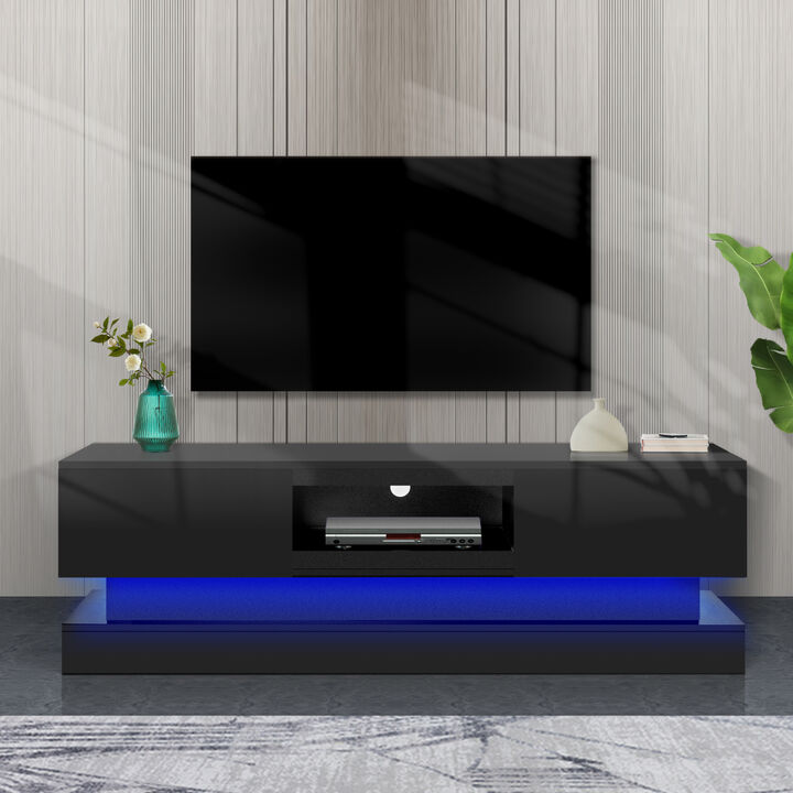 51.18inch Modern TV Stand with LED Lights, High Glossy Front TV Cabinet