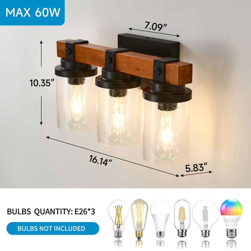 ELEMENT ACE 3-Light Wall Mounted Vanity Lighting Fixture with Clear Glass Shades Rustproof Corrosion Resistant for Bathroom Bedroom Hallway Entryway image number 2