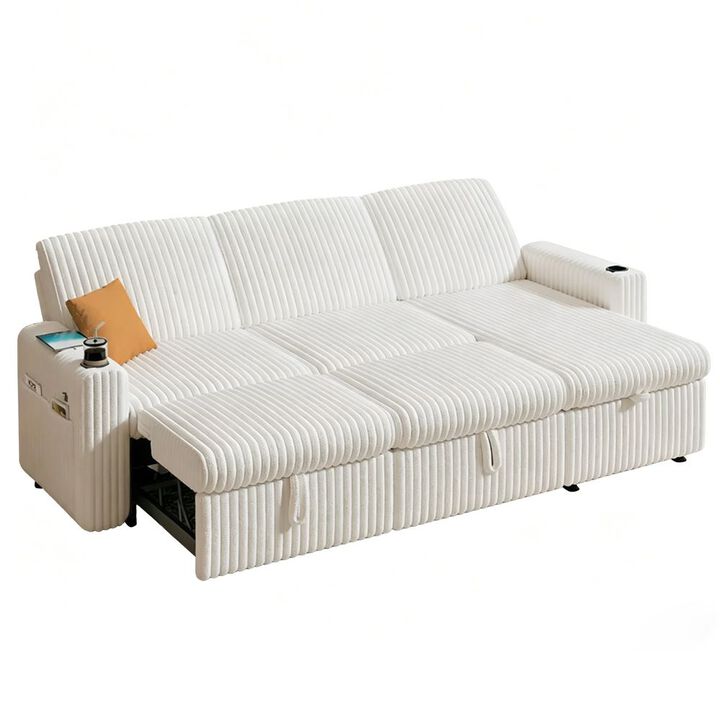 101" Corduroy Sectional Sleeper Sofa Bed with Pull-Out Bed, Reclining Backrest, Reversible Storage