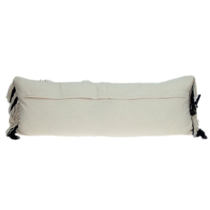 HomeRoots 12" X 35" Black and White Plaid Cotton Lumbar Throw Pillow With Fringe