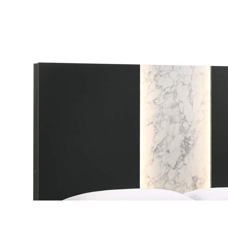 Amey Queen Panel Bed, Built In Light, White Marble Trim, Black Wood