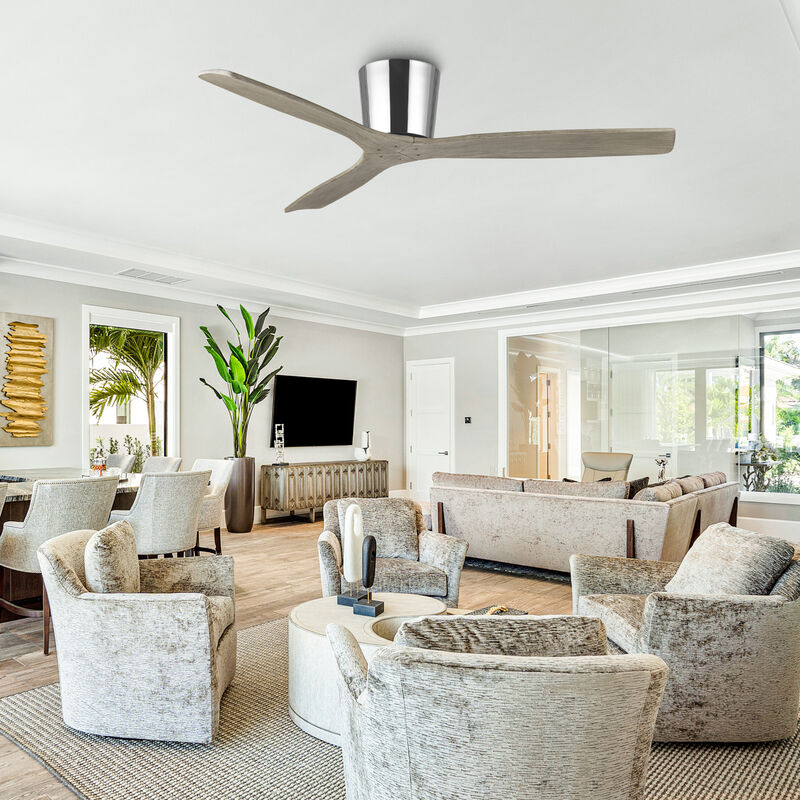 54 in. Polish Nickel Solid Wood Blades Flush Mount Ceiling Fan with Remote without Light