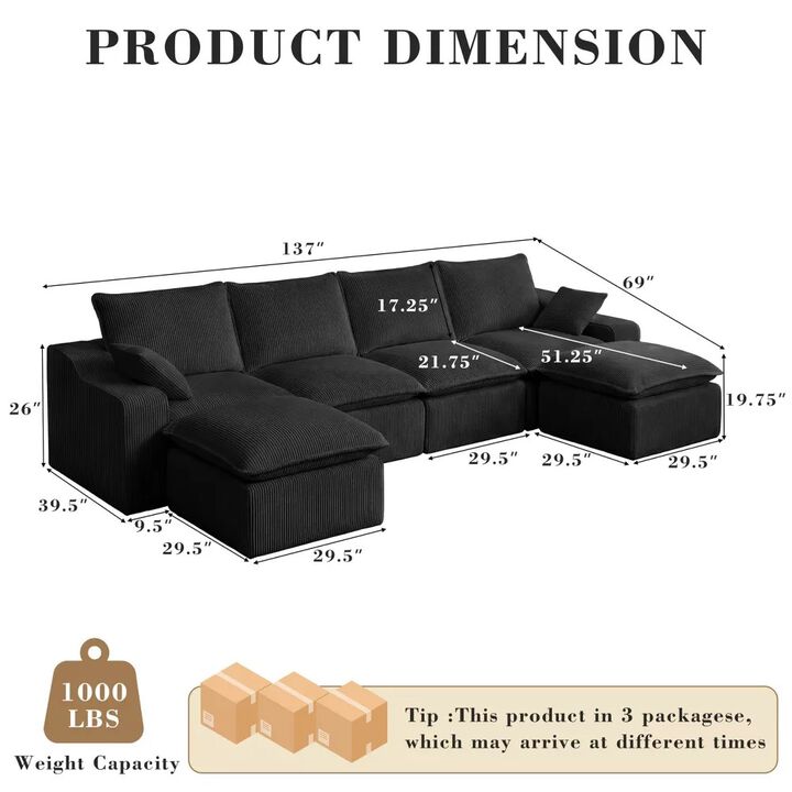Vipbear 137" U-Shape Modular Sectional Sofa, Corduroy Cloud Couch with Boneless Design, 6-Seater