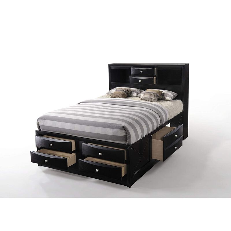 Full Size Wooden Storage Bed with Eight Spacious Drawers, Espresso Brown-Benzara