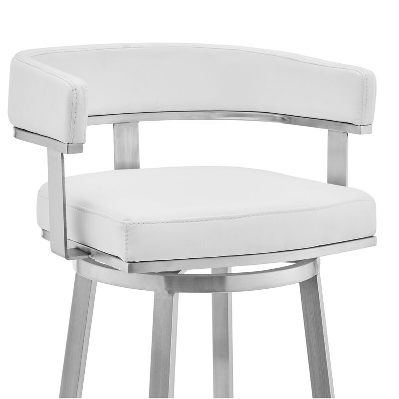 Sez 26 Inch Modern Swivel Counter Stool Arm Chair, Backrest, Steel, White-Benzara