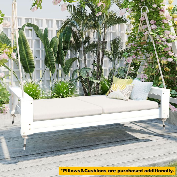 Whisen Twin Size Porch Swing Bed, Acacia Wood Frame with Hemp Ropes, Outdoor Patio Lounger