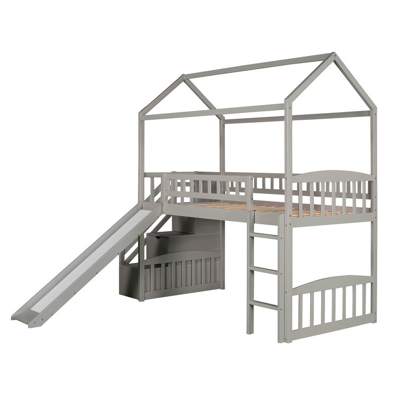 Merax House Loft Bed with 2 Drawers and Slide