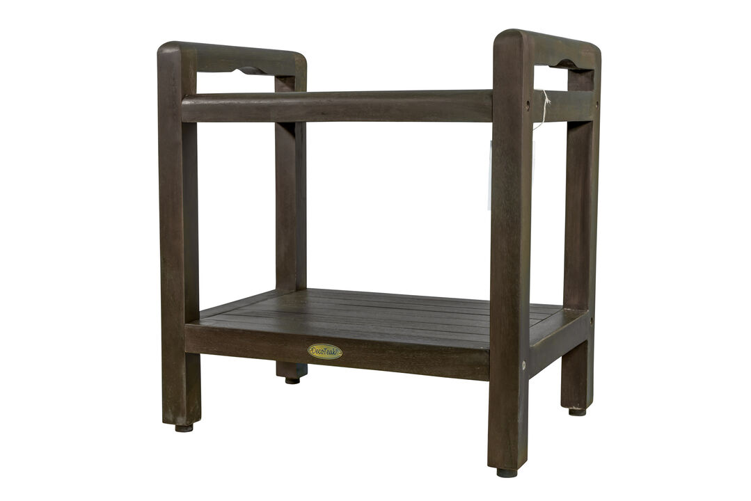 DecoTeak Eleganto 21"H Teak Wood Shower Bench with LiftAide® Arms and Shelf in Woodland Brown Finish