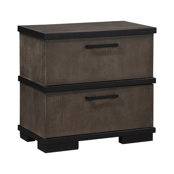 Acy Nightstand, 2 Drawers, Brownish Gray and Black Wood, Bar Handles - Benzara