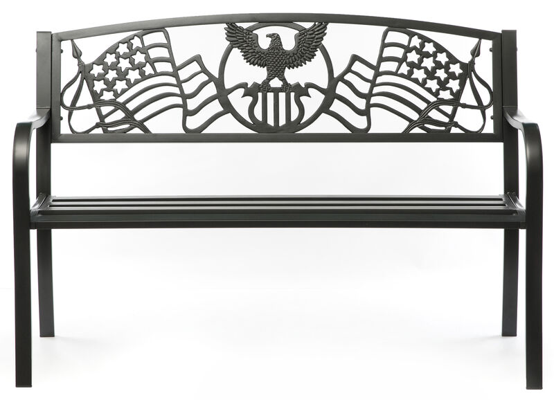 Steel Outdoor Patio Garden Park Seating Bench with Cast Iron Patriotic American Flag and Eagle Backrest, Front Porch Yard Bench Lawn Decor