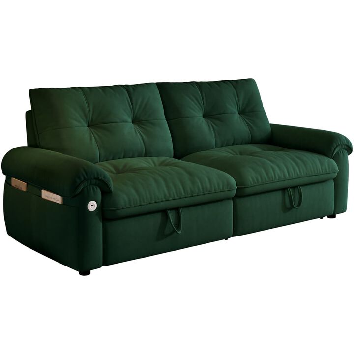 77 inch Convertible sleeper sofa bed, Plush fabric loveseat futon with USB ports and side pockets, sofa bed for small apartments