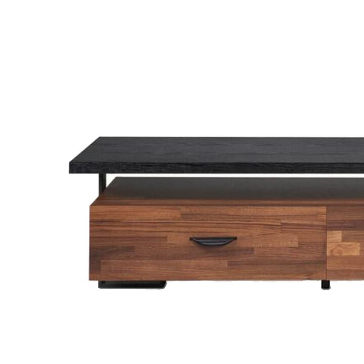 Metal Framed Wooden TV Stand Straight with Two Drawers and Open Shelf, Black and Brown-Benzara