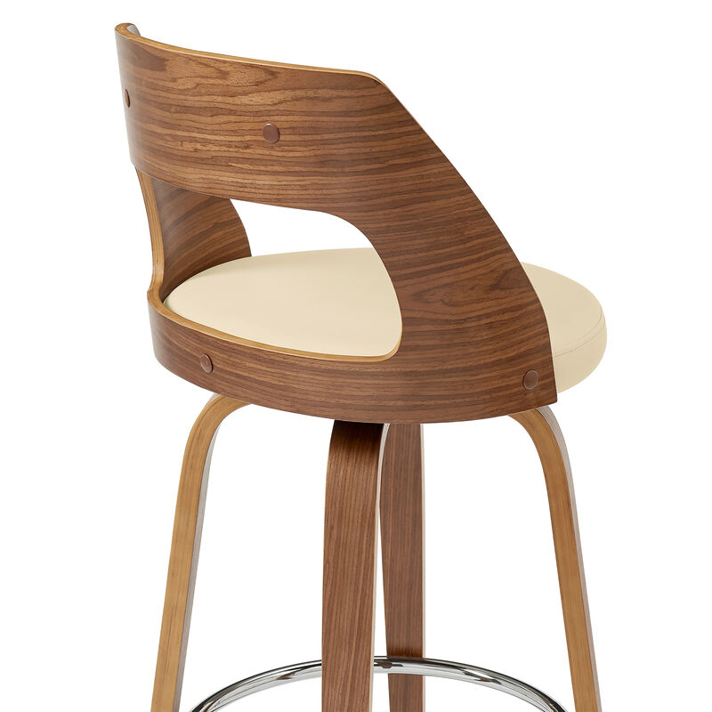 Axel Swivel Bar Stool in Brown Faux Leather and Walnut Wood