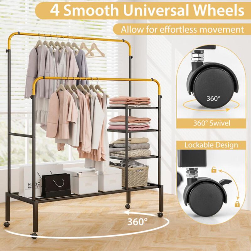 Hivvago Rolling Double Rods Garment Rack with Height Adjustable Hanging Bars