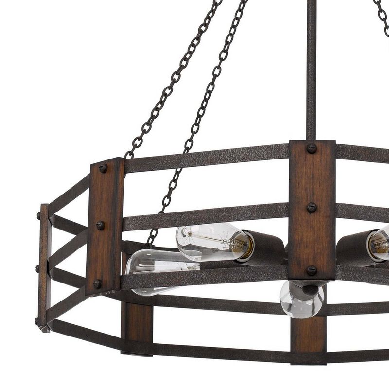Chandelier with Octagonal Cage Design Metal Frame and Wood Accents, Brown - Benzara