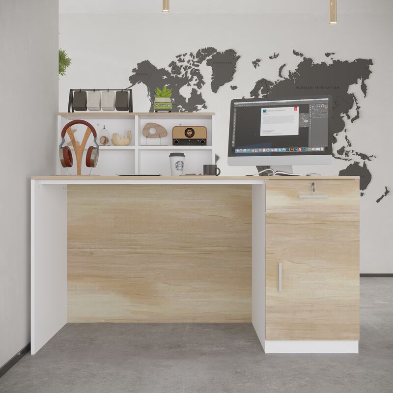 Rectangular White Wooden Computer Desk, Writing Desk with Drawer, 4 Shelves and A Container, 55.1 in.W-23.6 in.D