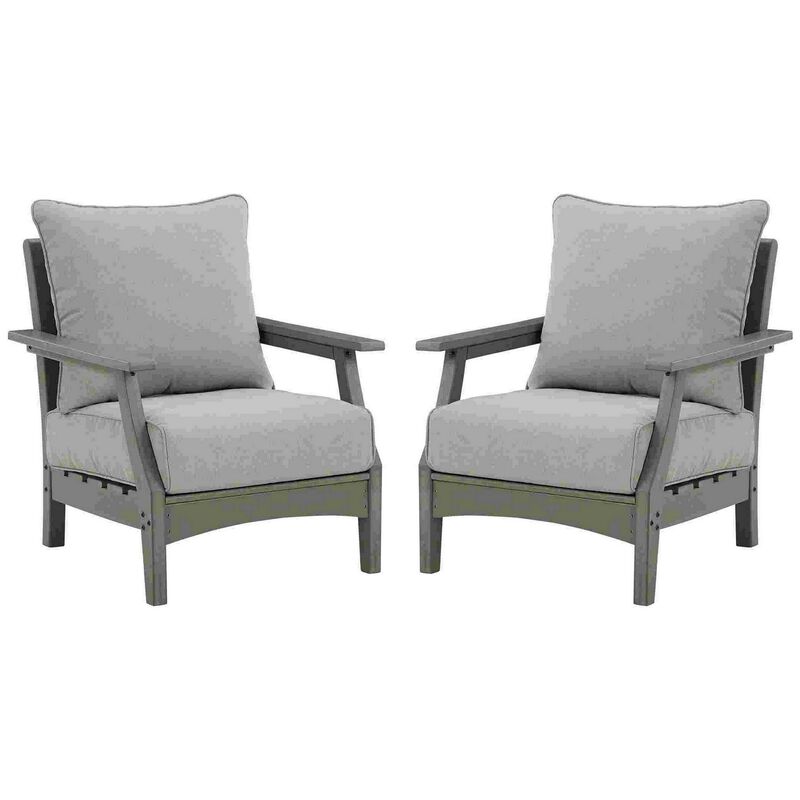 Outdoor Lounge Chair with Slatted Design and Cushions, Set of 2, Gray-Benzara