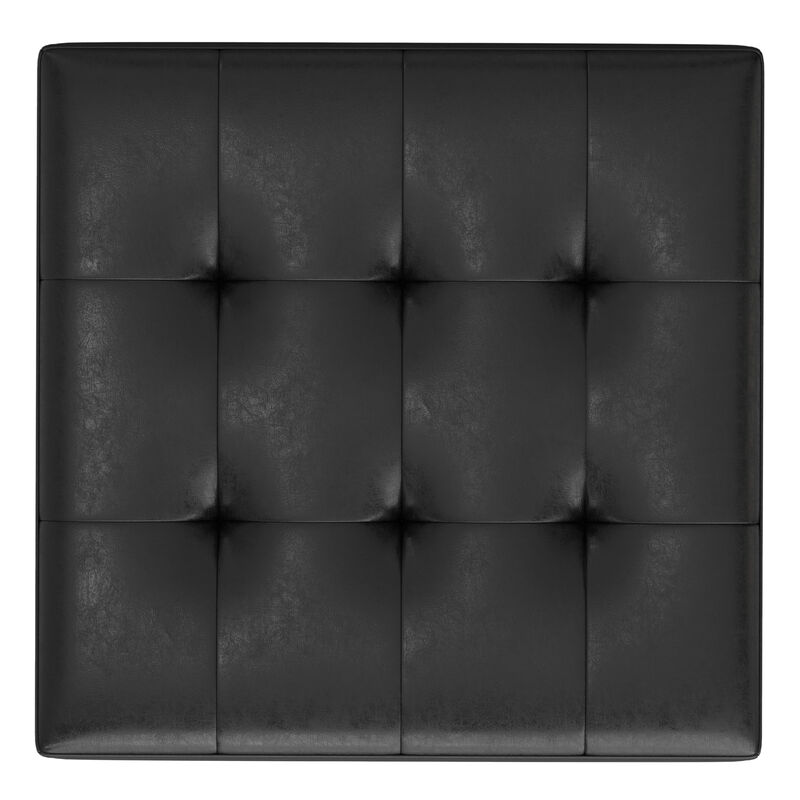 Shay 38 inch Wide Mid Century Modern Square Mid Century Large Square Coffee Table Storage Ottoman in Distressed Black Vegan Faux Leather, Assembled