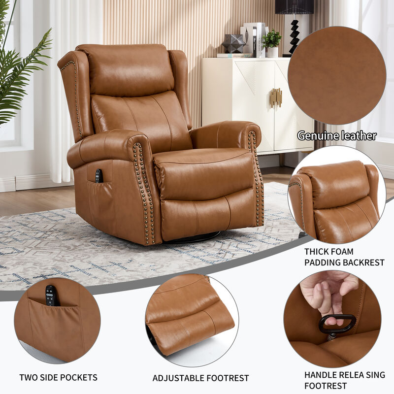 Genuine leather Heat Massage Manual Recliner Chair with Rocker and Swivel for Living Room image number 9