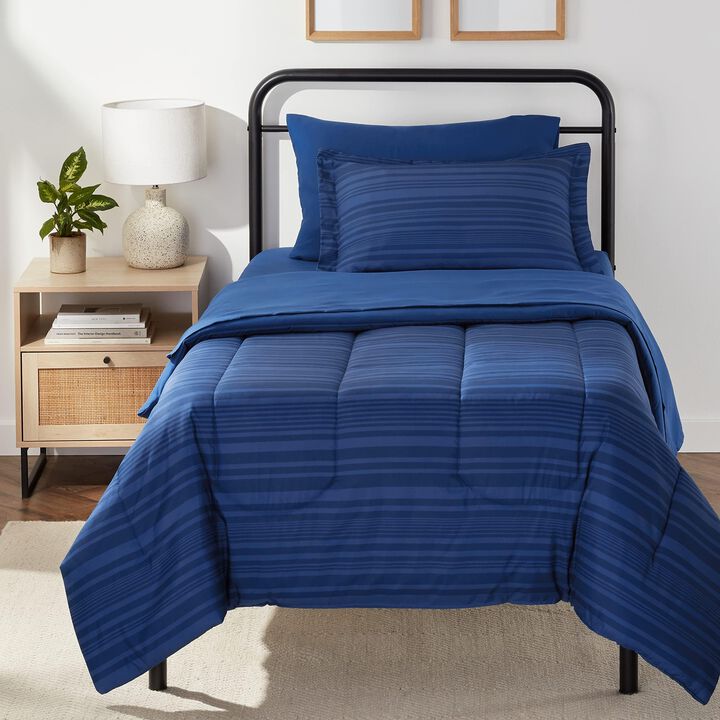 Amazon Basics Twin XL Comforter Set with Sheets, 5-Piece Blue Calvin Striped Bedding, Lightweight Microfiber Bed-in-a-Bag