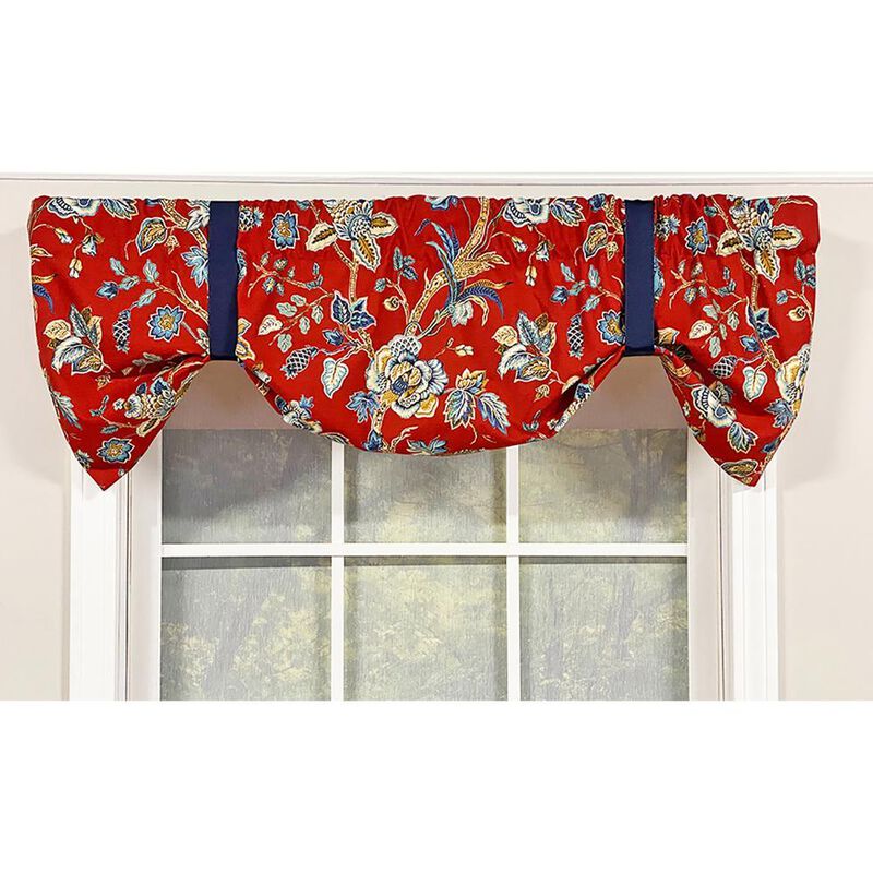 RLF Home Gianna Suspender Valance  Red. 3" Rod Pocket, contrast ribbon Tie. 50"W x 17"L
