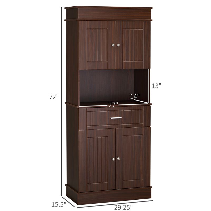 72" Kitchen Buffet with Hutch, Freestanding Pantry Cupboard with Utility Drawer, 2 Door Cabinets and Countertop, Brown