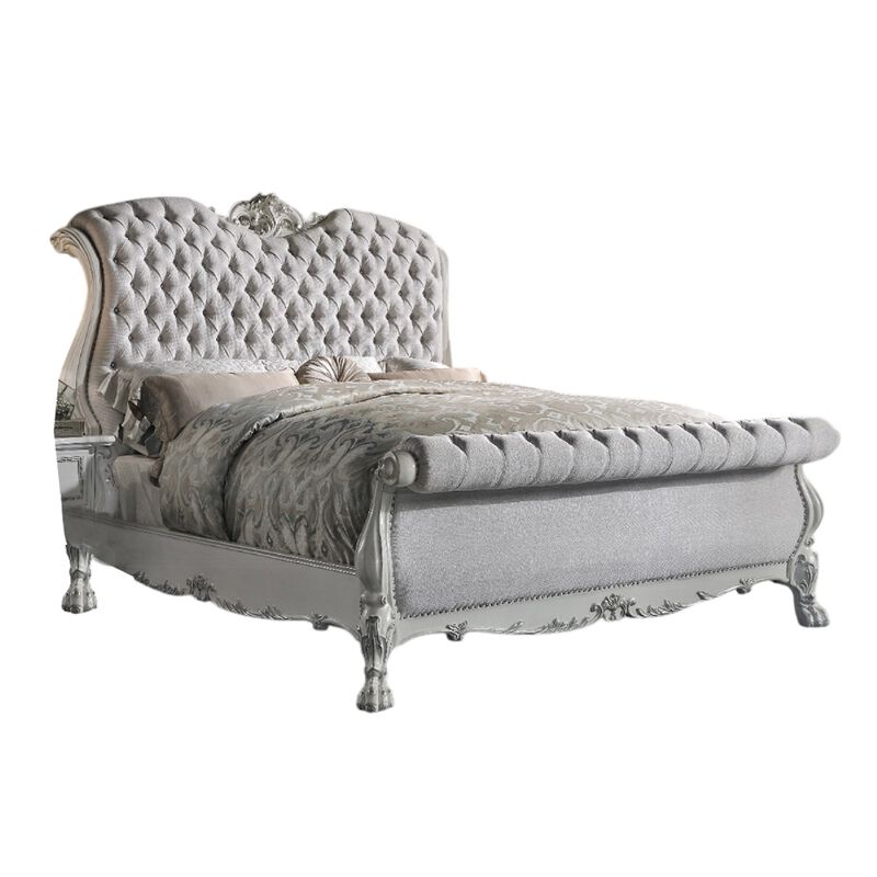 Ally Queen Bed, Classic Crown Trim, Faux Leather Upholstery, White - Benzara