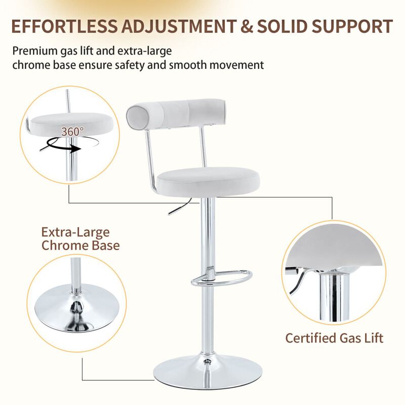 Set of 2 swivel bar stools, velvet upholstered adjustable height bar chair with open back, chrome base counter stools with footrest image number 3