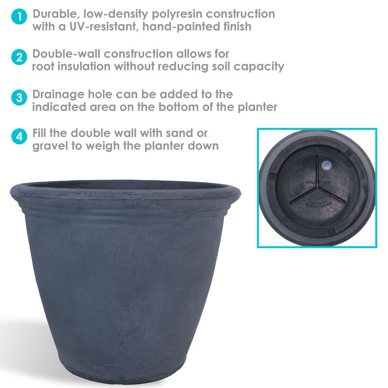 Sunnydaze 20 in Anjelica Dual-Wall Polyresin Planter - Slate