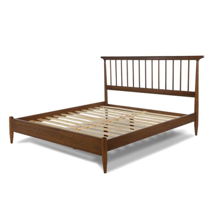 Hivvago King Size Hardwood Mid Century Platform Bed Frame with Headboard in Walnut