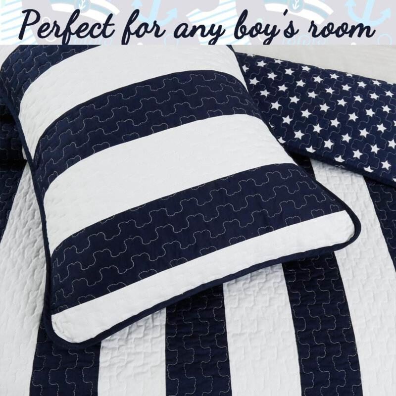 Hivvago King 3 Piece Reversible Navy White Stars Stripes 100 Percent Cotton Quilt Set
