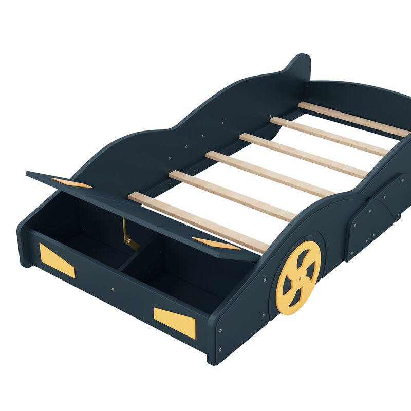 Whisen Twin Size Race Car-Shaped Platform Bed with Wheels and Storage - Black & Yellow