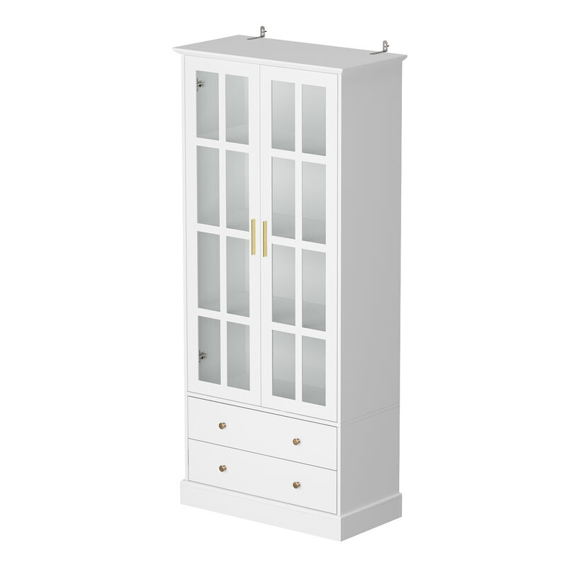 FUFU&GAGA Modern Bookcase with Glass Doors, 3 Fixed Shelves, and Spacious Drawers, Elegant Storage Cabinet for Living Room, Office, and Bedroom (70.1"H x 31.5"W x 15.4"D)