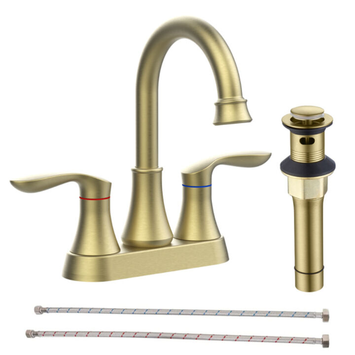 High Arc Swivel Spout Bathroom Faucet 2-Handle Brushed Gold with Drain Assembly
