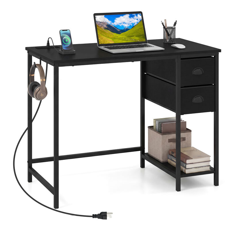 Small Space Computer Desk with Charging Station and 2 Fabric Drawers image number 3