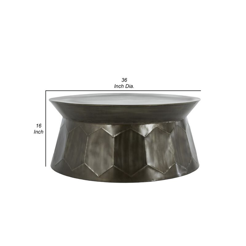 36 Inch Modern Iron Coffee Table, Geometric Platform Base, Glossy Brown-Benzara image number 6
