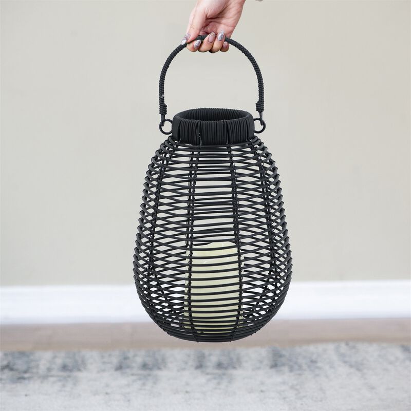 Clihome 7.9x7.9x10.6" Black Poly Rattan Lantern With White LED Candle