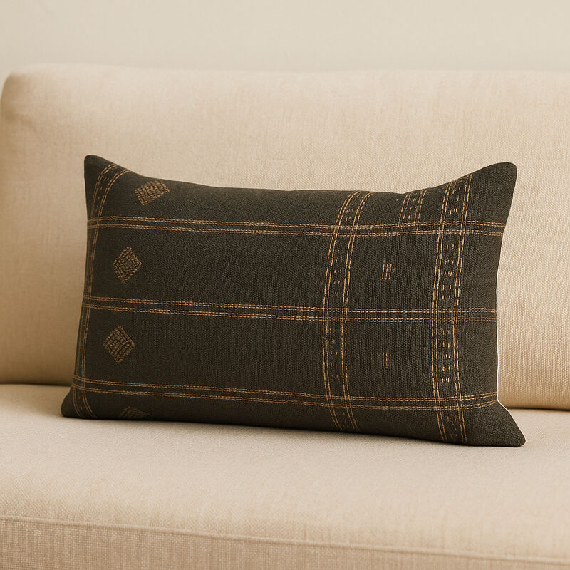 HomeRoots 22" X 22" Dark Green And Tan Lumbar Geometric Cotton Throw Pillow Cover with Texture image number 1