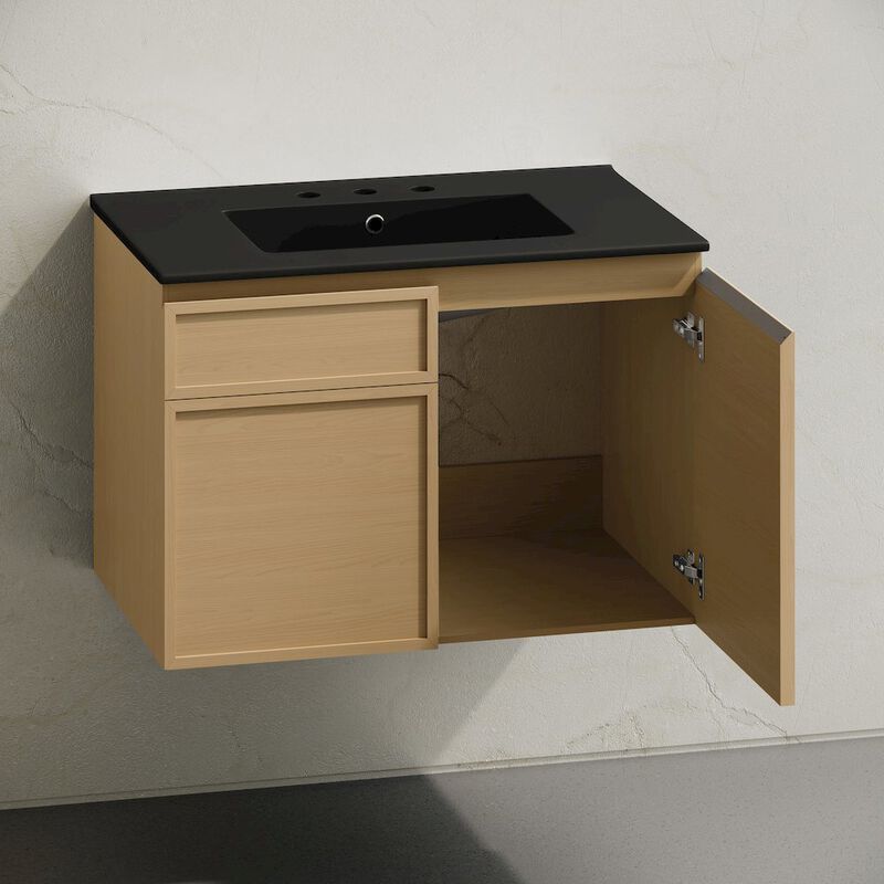 30" Wall-Mounted Bathroom Vanity, Natural Oak, Black 3-Hole Widespread Sink Top image number 3